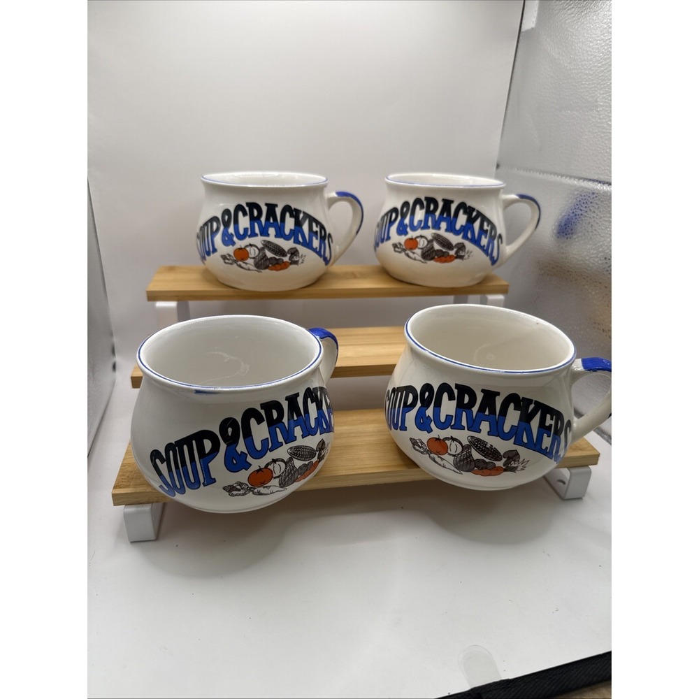 Vintage 1980's Blue "Soup And Crackers" Ceramic Soup Handled Mug Bowl Set of 4